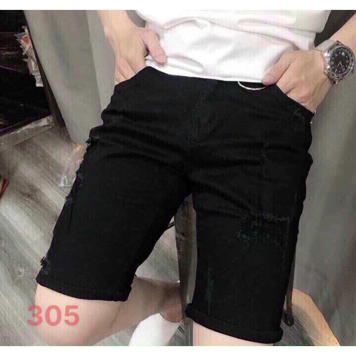 Quần short jean nam màu đen in logo rách chất bò - quần short demin lửng co giãn thời trang cao cấp Tp_shop_87 ms1113