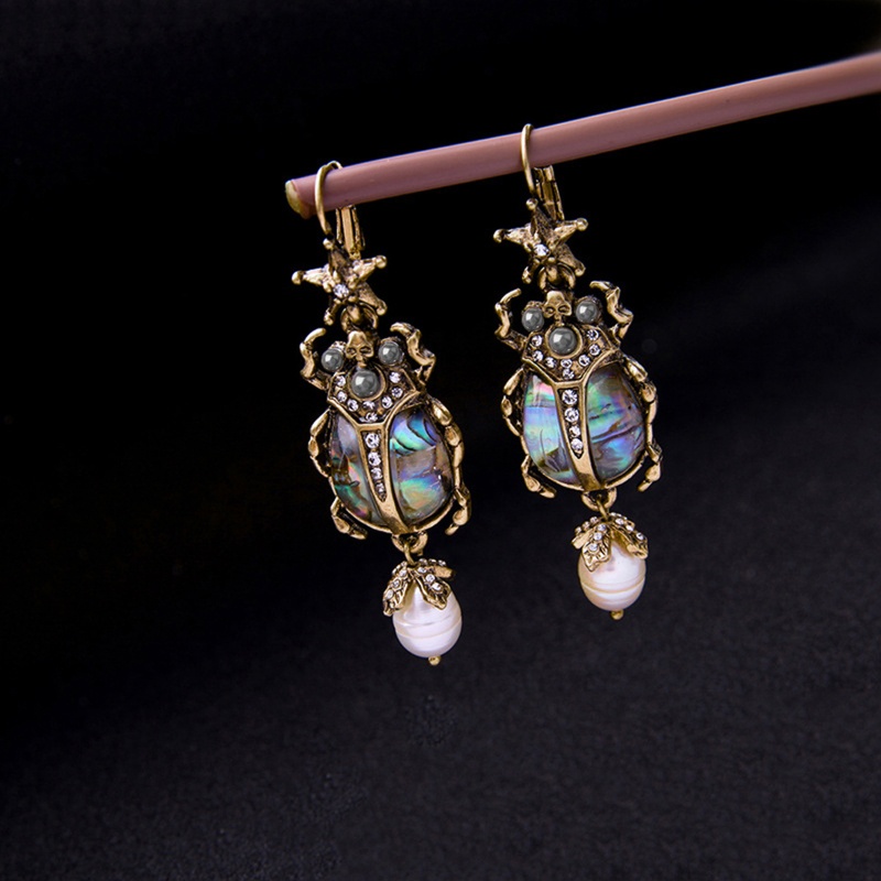 King Nice Bông Tai Thả Hình Bọ Cánh Cứng Đính Ngọc Trai Nước Ngọc Trai Tươi Tắn Abalone