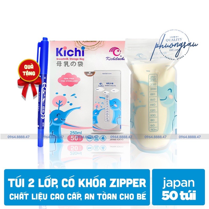 [QUÀ TẶNG]Hộp 50 Túi Trữ Sữa 250ml Nhật Bản KICHI KICHILACHI 2 khoá Zip chống rò rỉ