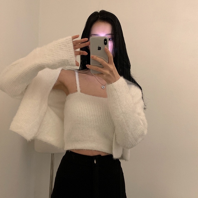 Set Áo Cardigan Dệt Kim + Áo Hai Dây Dài Tay Phong Cách Mới 45665