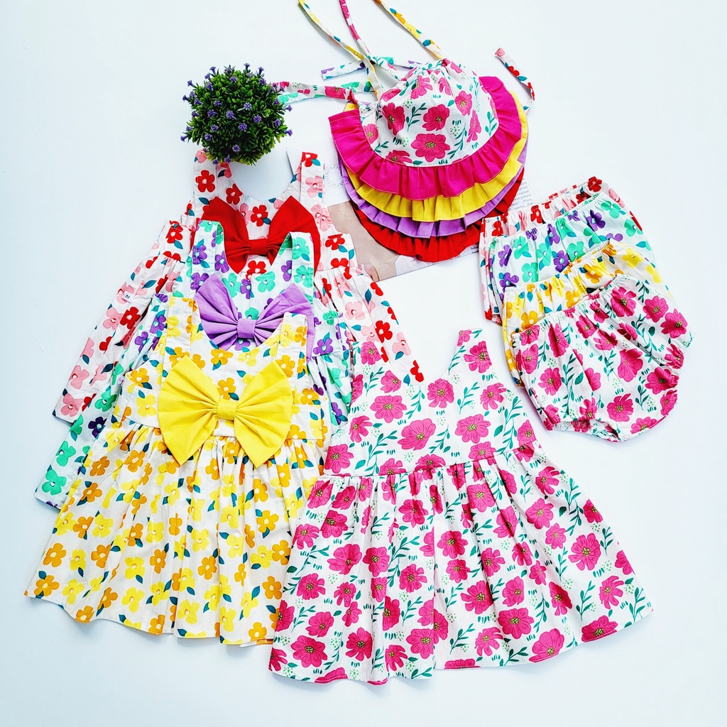 Đầm Hoa, Váy Hoa Nơ Cho Bé Gái, Bé Sơ Sinh- Kèm Quần Chip Và Mũ. Chất Vải Cotton Mềm Mại.