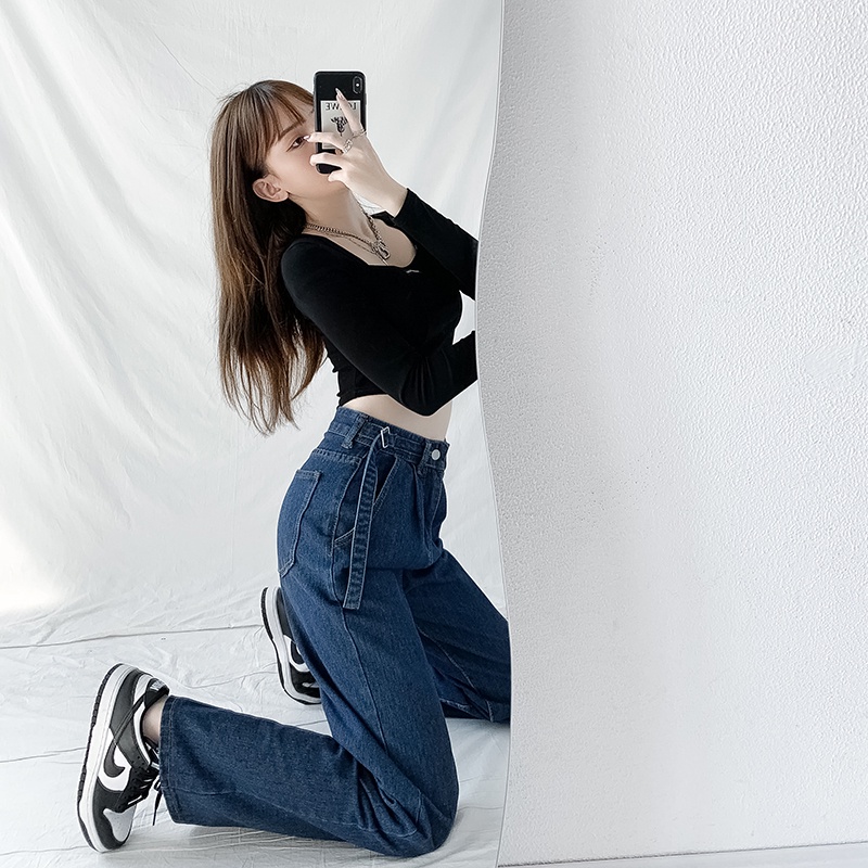 Quần jean cạp cao dáng rộng thiết kế mới thời trang phong cách Hàn Quốc