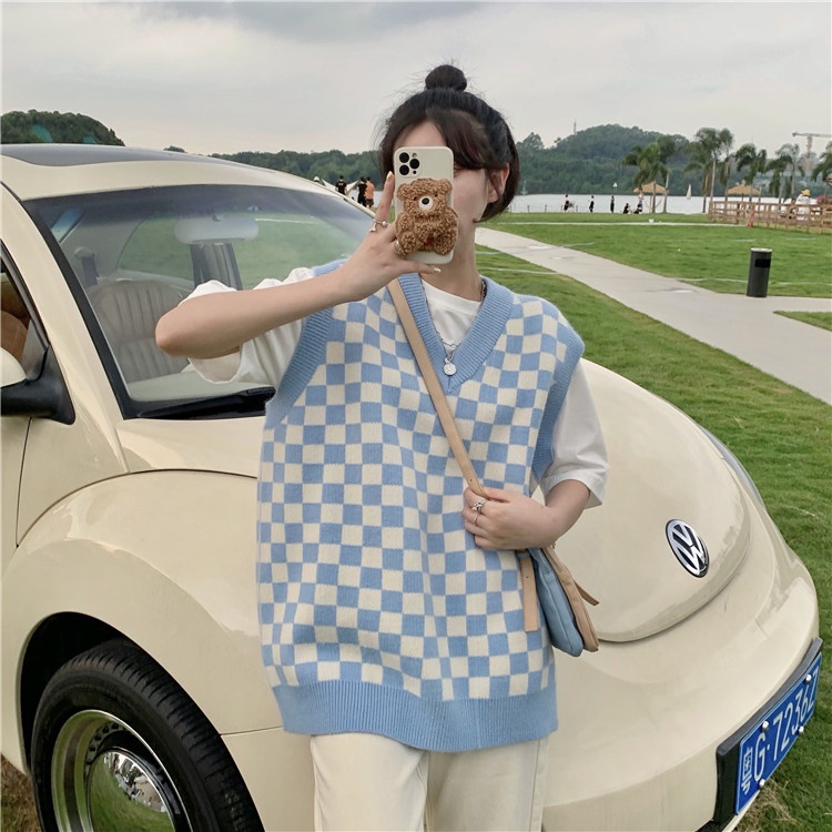 Áo len không tay cổ chữ V họa tiết sọc caro thời trang cho nữ