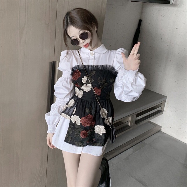Set Sơmi 2 Lớp Tay Bồng Kèm Áo Cúp Ngực Thêu Hoa Hồng 🌹