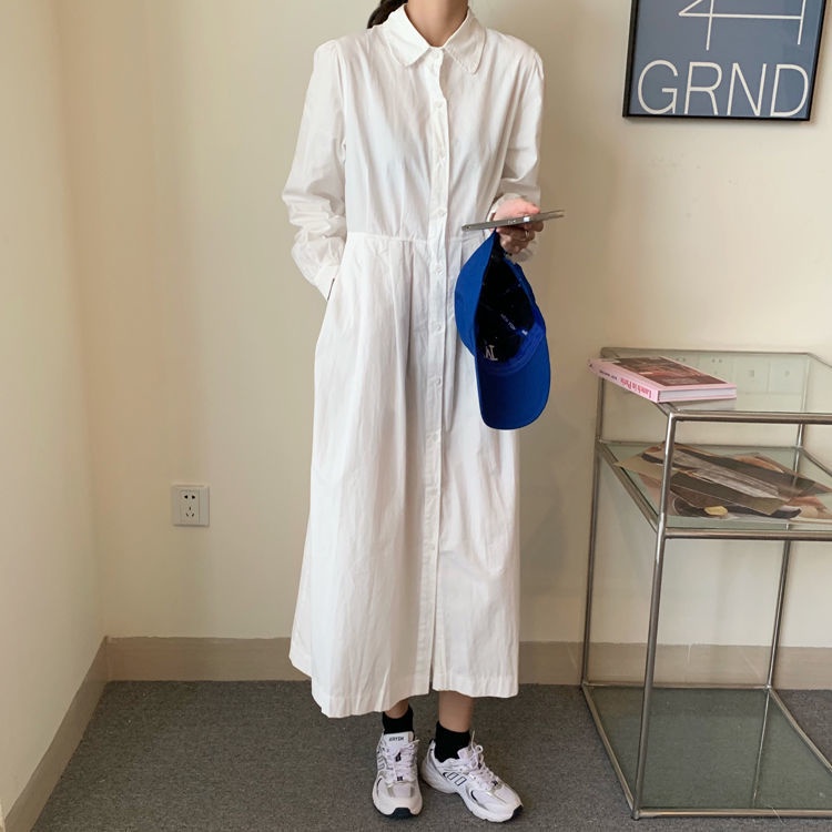 Đầm Midi Dáng Chữ A Tay Dài Màu Trơn Phong Cách Hàn Quốc Thời Trang Cho Nữ