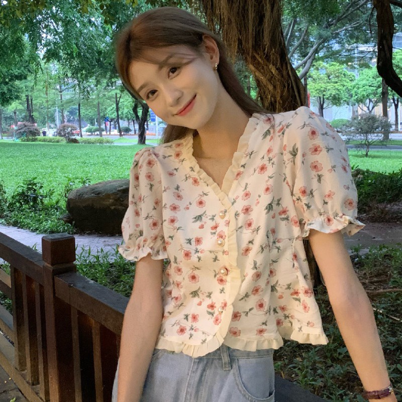 SUXI Áo Kiểu Tay Phồng Ngắn Cổ Chữ V Dáng Ôm In Họa Tiết Hoa Phong Cách Cổ Điển Thời Trang Mùa Hè Cho Nữ