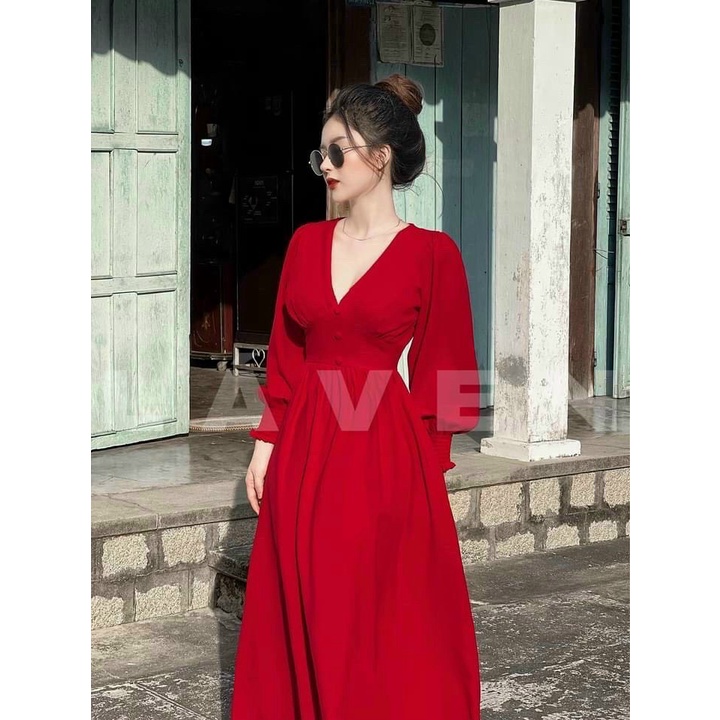 Đầm Maxi Cổ V Tay Dài Đính Nút Xinh Xắn 3 Màu Thời Trang Mùa Hè