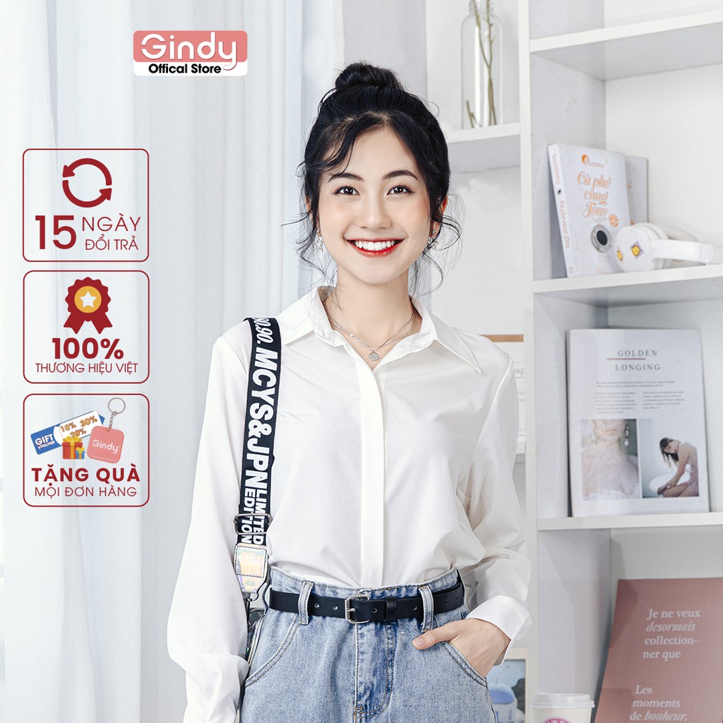 Áo sơ mi trắng GINDY nữ dấu cúc dài tay cổ bẻ dáng suông basic trơn thời trang thu đông công sở, học sinh A6110