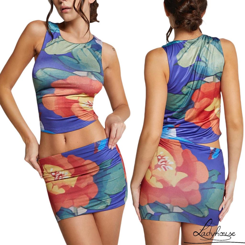 Bộ Áo Croptop 2 Dây Cổ Tròn + Chân Váy Ngắn Ôm Hông Họa Tiết Hoa Phong Cách Retro Mùa Hè Cho Nữ