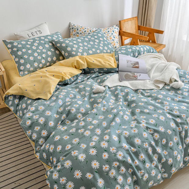 Bộ chăn ga gối Cotton poly Bo Decor Hoa cúc mới, vỏ chăn mền, drap nệm và 2 vỏ gối