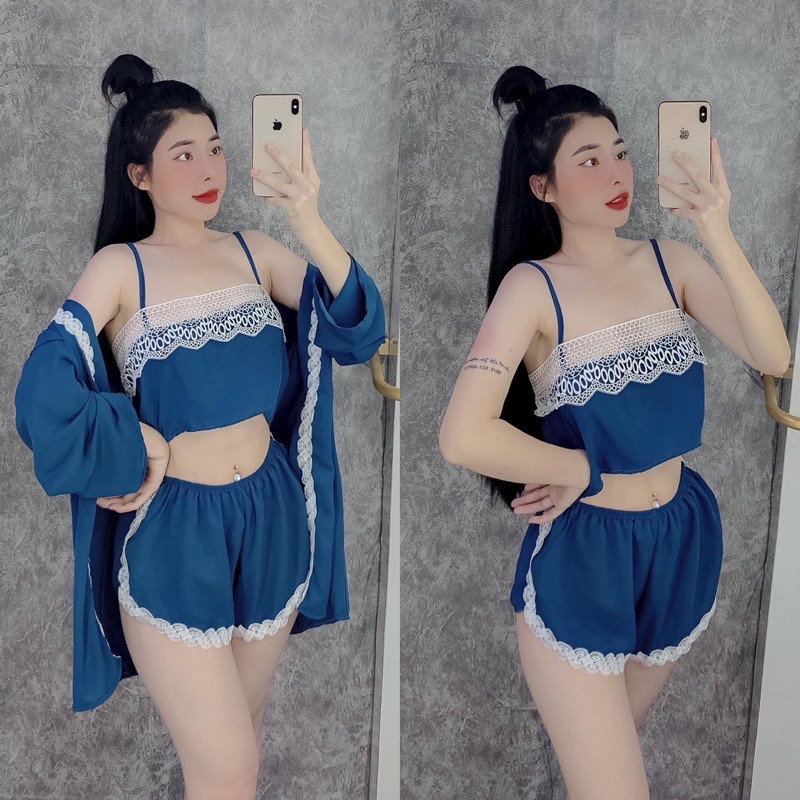 Bộ ngủ sexy combo ba món ,áo choàng ,áo ,quần sexy có phối gen sang chảnh chất lụa tơ tầm fom dưới 58 kg siêu sexy | BigBuy360 - bigbuy360.vn