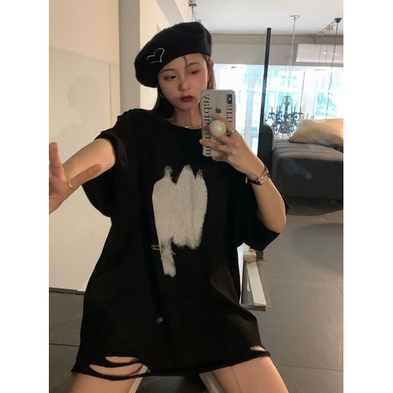 Áo thun PEWARN tay ngắn dáng rộng thiết kế rách phong cách Hàn Quốc thời trang mùa hè 2022