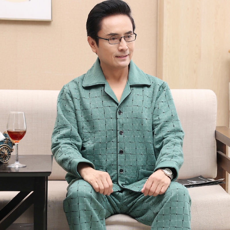 Bộ đồ ngủ nam cotton dày dặn cho mùa thu đông, Trang phục mặc nhà cho các ông bố trung niên và cao tuổi