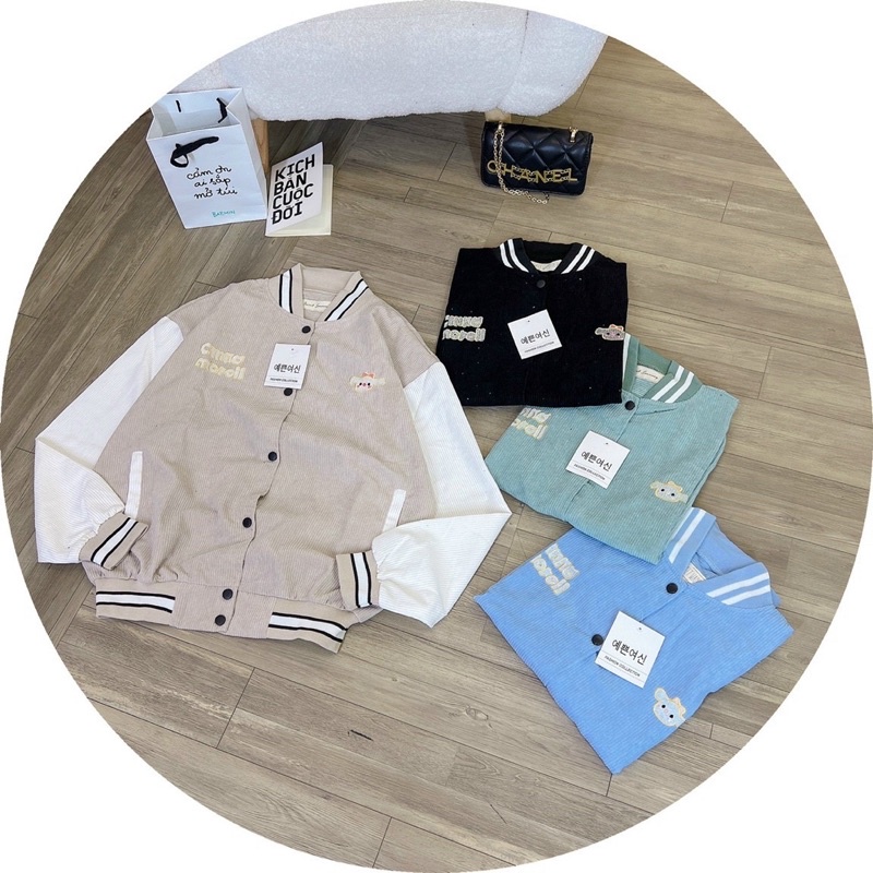 Áo khoác nhung tăm bomber nút bấm thêu