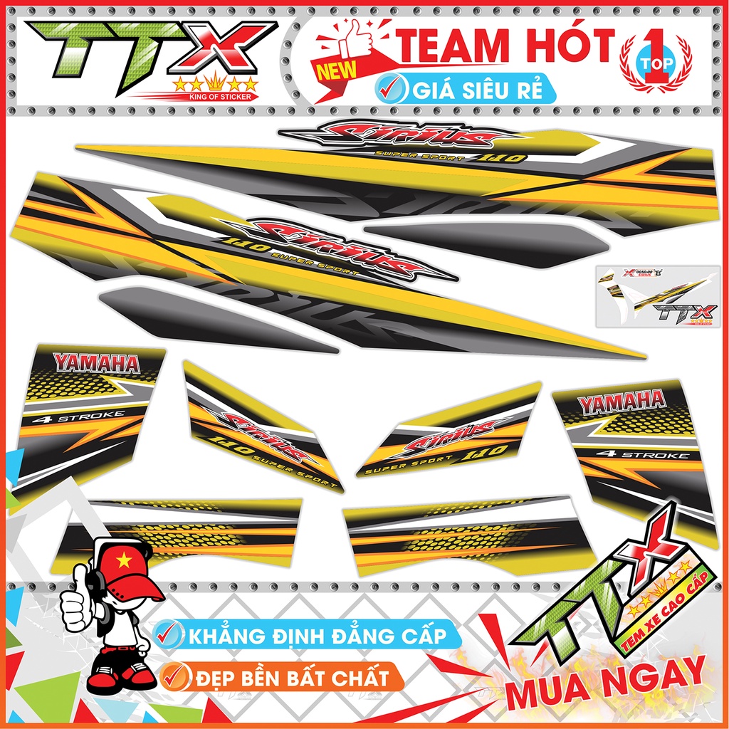 Tem chế sirius 110 , Team rời sirius dán xe màu vàng nền đen tuyệt đẹp , Shop TTX Tem sirius mã
