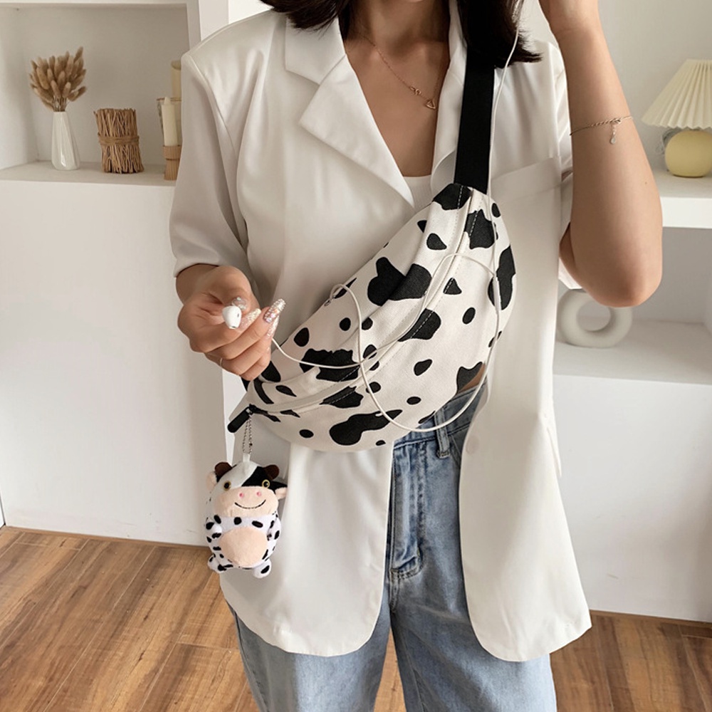 Túi Đeo Chéo Bao Tử Nữ Vải Canvas Dễ Thương Họa Tiết Bò Sữa Trẻ Trung Cá Tính Phong Cách Hàn Quốc