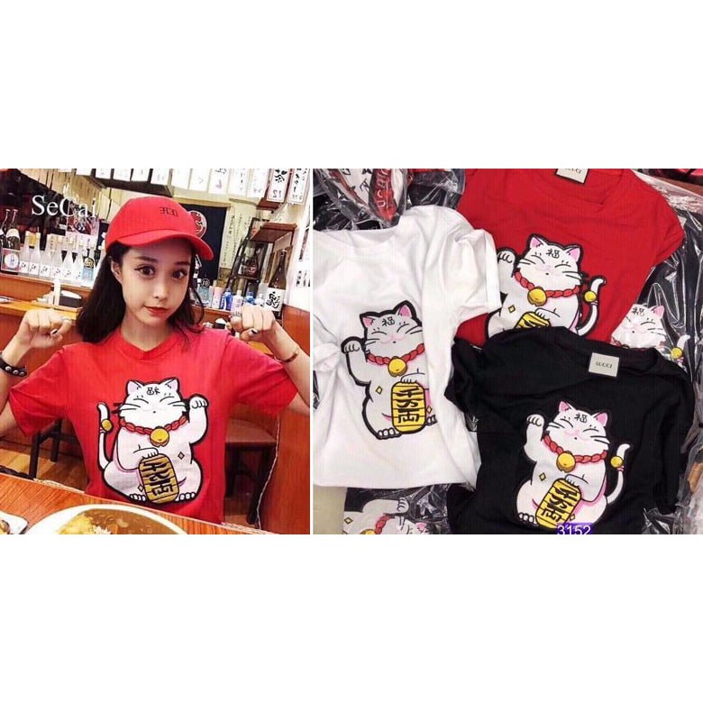 Áo thun mèo thần tài 3 màu đỏ/ đen/ trắng size M ( 42-60kg )