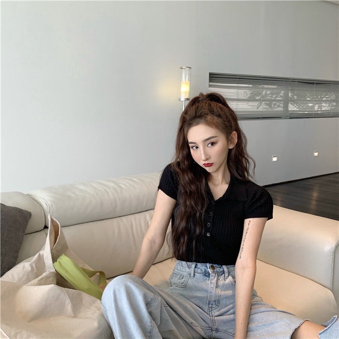 Happy-store  Áo croptop dệt kim tay ngắn cổ polo Happy Store thời trang Hàn Quốc thanh lịch