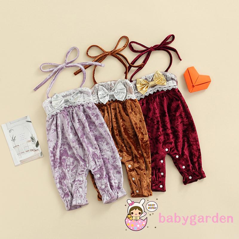 Bộ áo liền quần cổ thuyền phối ren thắt nơ thời trang cho bé gái