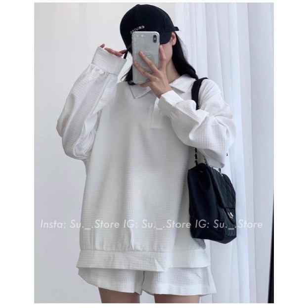 Set nỉ xốp áo cổ đức quần sooc đồng màu POLI