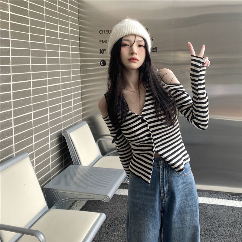 Jiashucheng Áo Dệt Kim Trễ Vai Cổ Chữ V Họa Tiết Kẻ Sọc Thời Trang Hè Thu Phong Cách Mới Cho Nữ