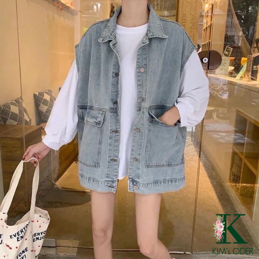 Áo khoác jean nam nữ form rộng Oversize sát nách phong cách Ulzzang hai màu xanh đen
