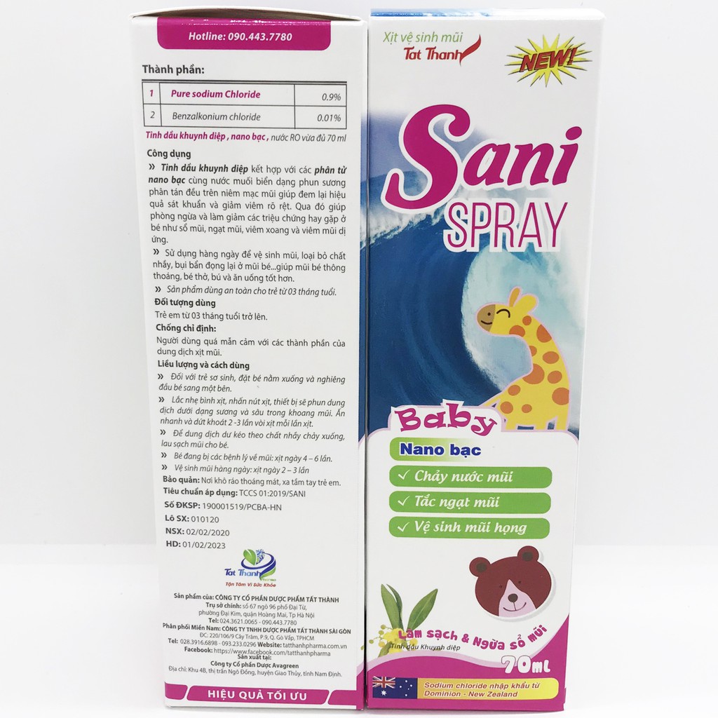 Xịt vệ sinh mũi Sani Spray Baby Nano bạc 70ml