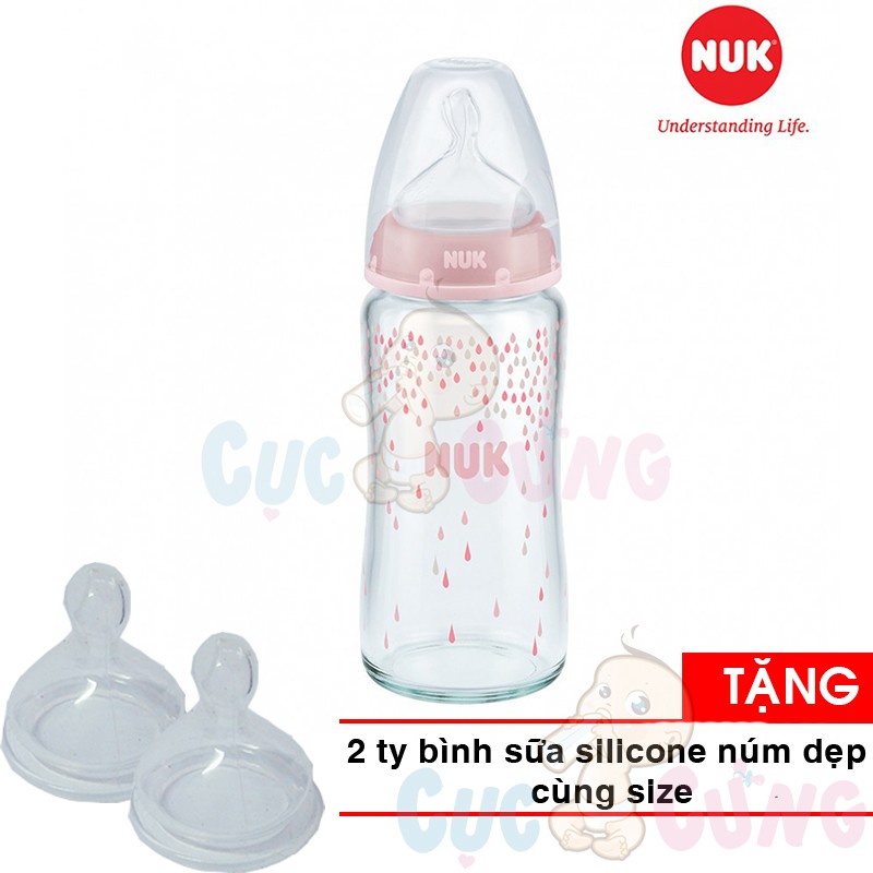 Bình sữa NUK cổ rộng thủy tinh 240ml núm ti Silicone S1 -M NU66128 Tặng 2 ty bình sữa