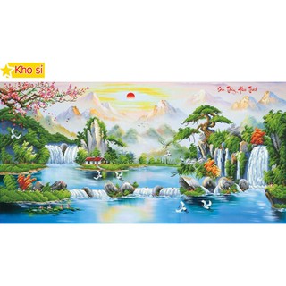 Tranh đính đá treo phòng khách đẹp Phong cảnh sơn thủy hữu tình Lv065 (150x80cm) [KHO SỈ] Tranh chất lượng cao