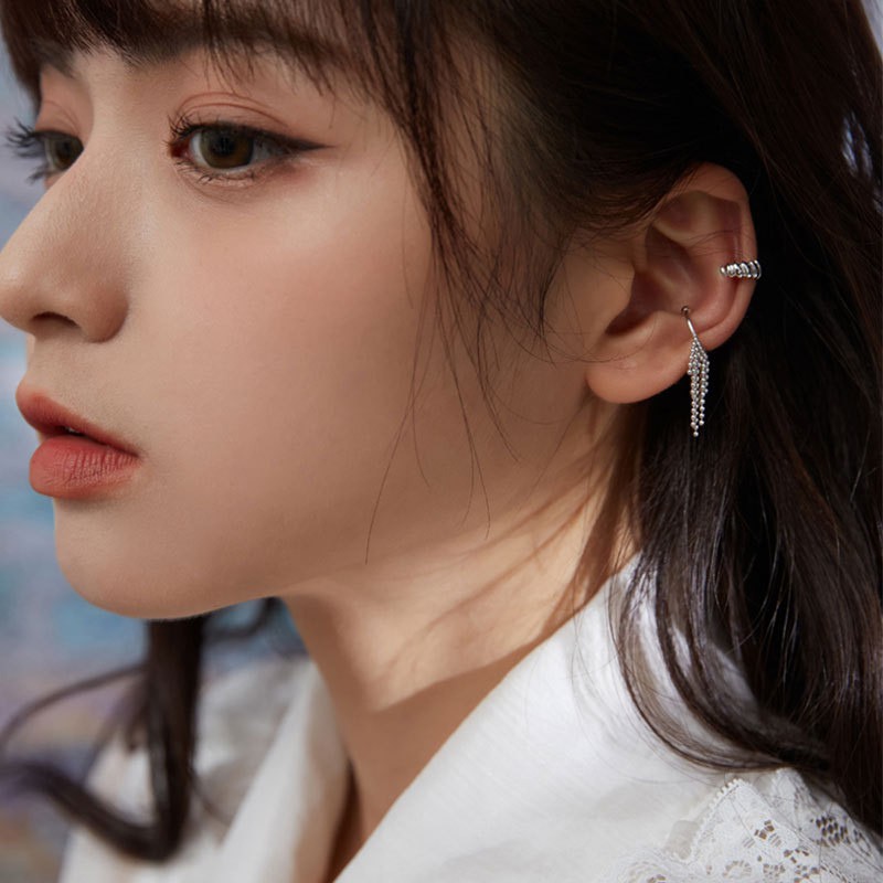 Bông Tai Bạc S925 Bộ 2 Ear Cuff Kẹp Vành Tua Rua &amp; Khoen C Bất Đối Xứng Trẻ Trung Cá Tính | Khuyên Tai Nữ Trang Sức Bạc