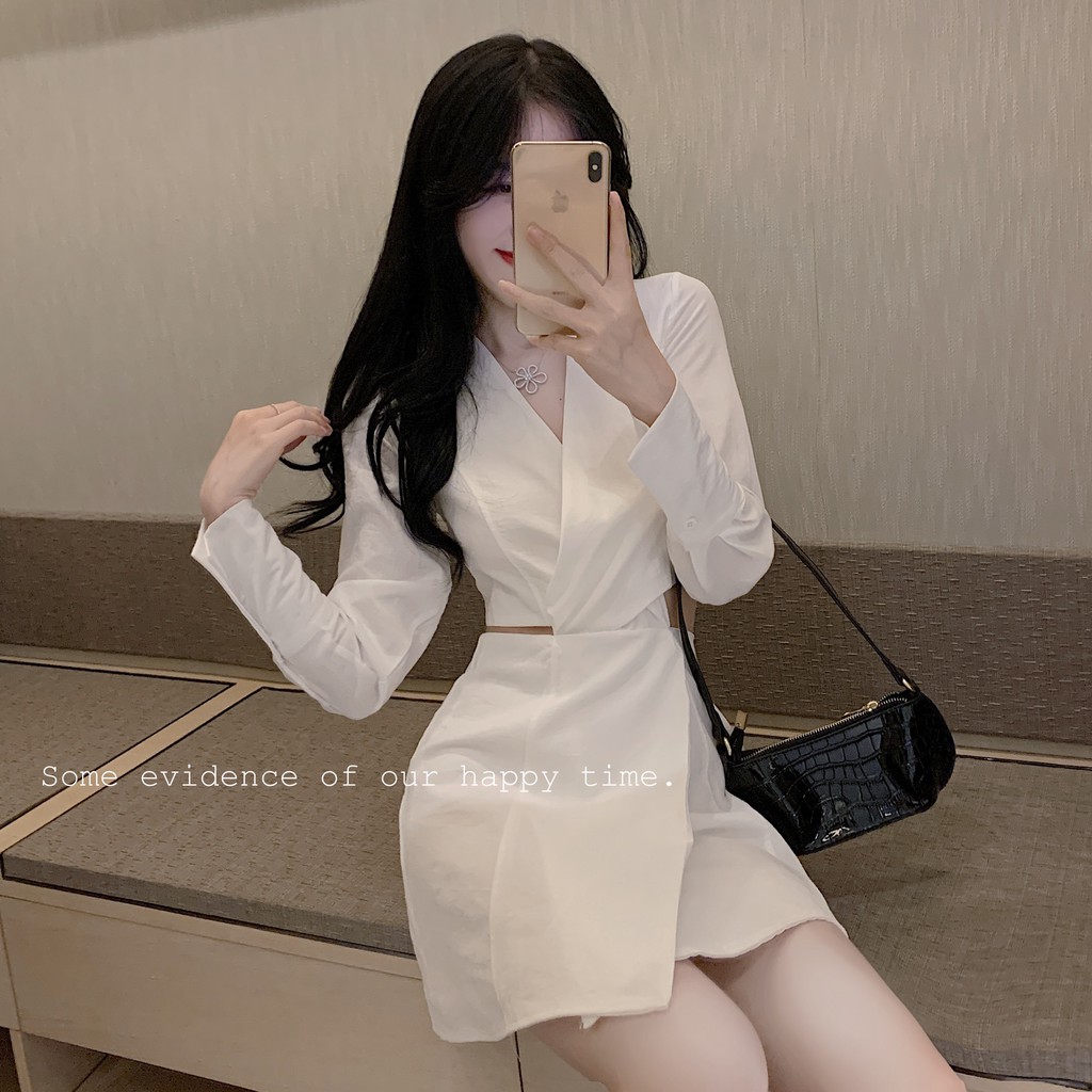 Đầm nữ dáng ôm sơ mi tay dài mini hở eo Emilyshop ulzzang