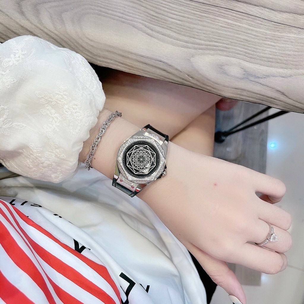 Đồng Hồ Huboler Hanboro Nữ Dây Silicon Bọc Da Đen Silver Authentic 38mm