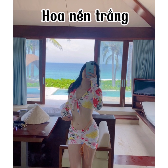 Set bikini Xoài Non màu nâu cafe áo quây bèo kèm chân váy sang chảnh
