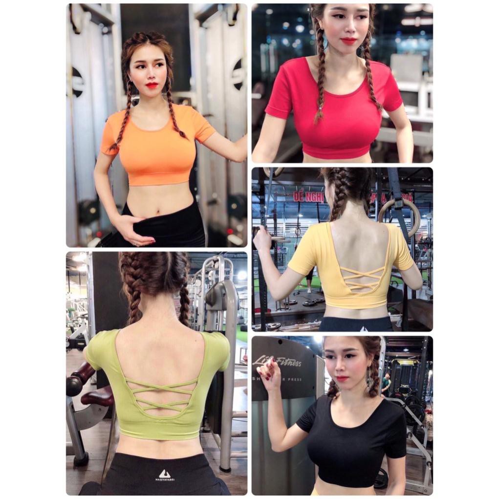 Áo Tập Gym Nữ [CROPTOP] Dệt Đan X Lưng Tay Ngắn Có Mút [ĐỒ TẬP GYM]