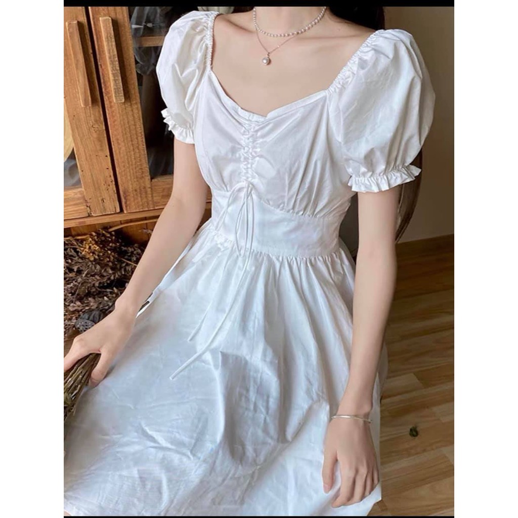 Váy đầm nữ màu trắng tay con rút dây trước ngực chất lụa mềm mịn