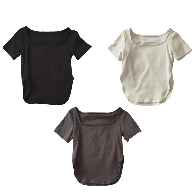 Áo Croptop Cổ Vuông Tay Ngắn Màu Trơn Xẻ Tà Viền Cong Thời Trang Mùa Hè Cho Nữ