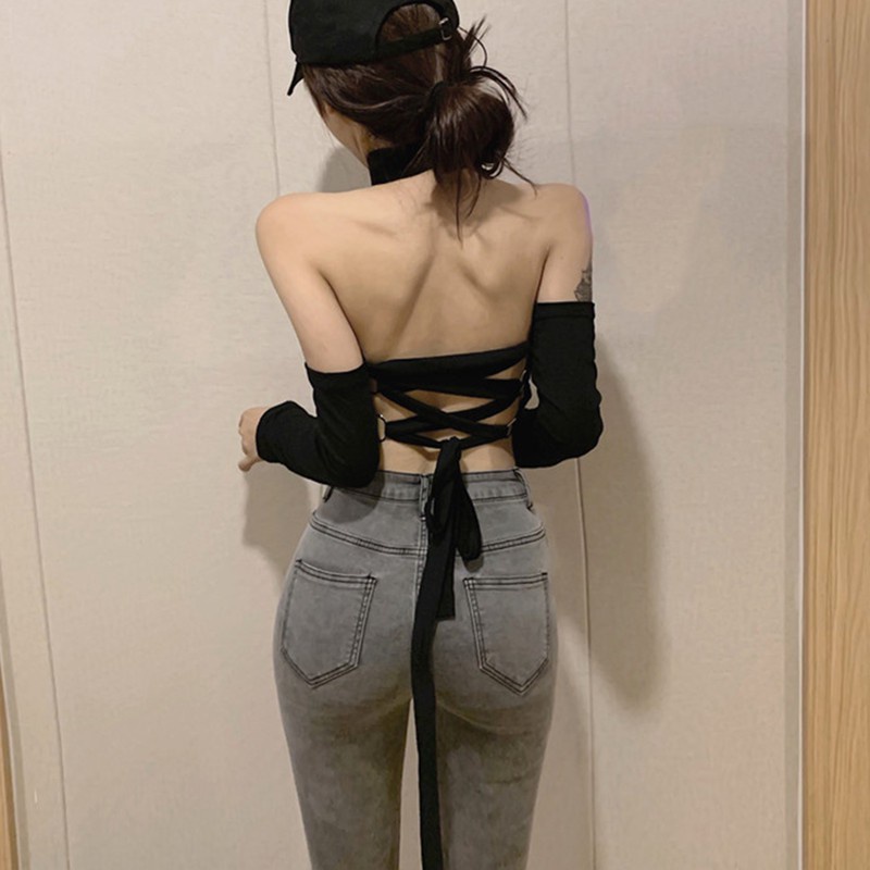 Áo thun trễ vai tay dài kiểu dáng sexy theo phong cách Hàn Quốc
