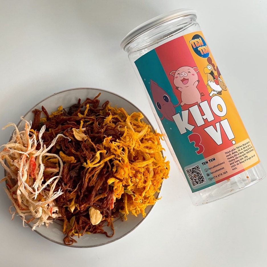 Khô gà mix khô mực, heo Lê Hải, 3 vị trong 1 hộp 300g, đồ ăn vặt | BigBuy360 - bigbuy360.vn