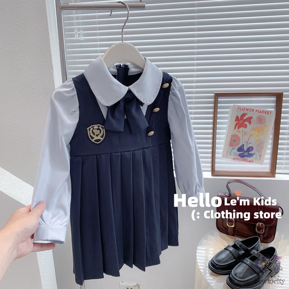 Bộ Áo Sơ Mi Đính Nơ + Chân Váy Xếp Ly Phong Cách Hàn Quốc Thời Trang Mùa Thu Cho Bé Gái