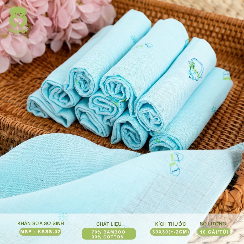 Khăn sữa sơ sinh Mipbi 2 lớp cotton mềm mại, kháng khuẩn KSSS02 (Túi 10 chiếc)