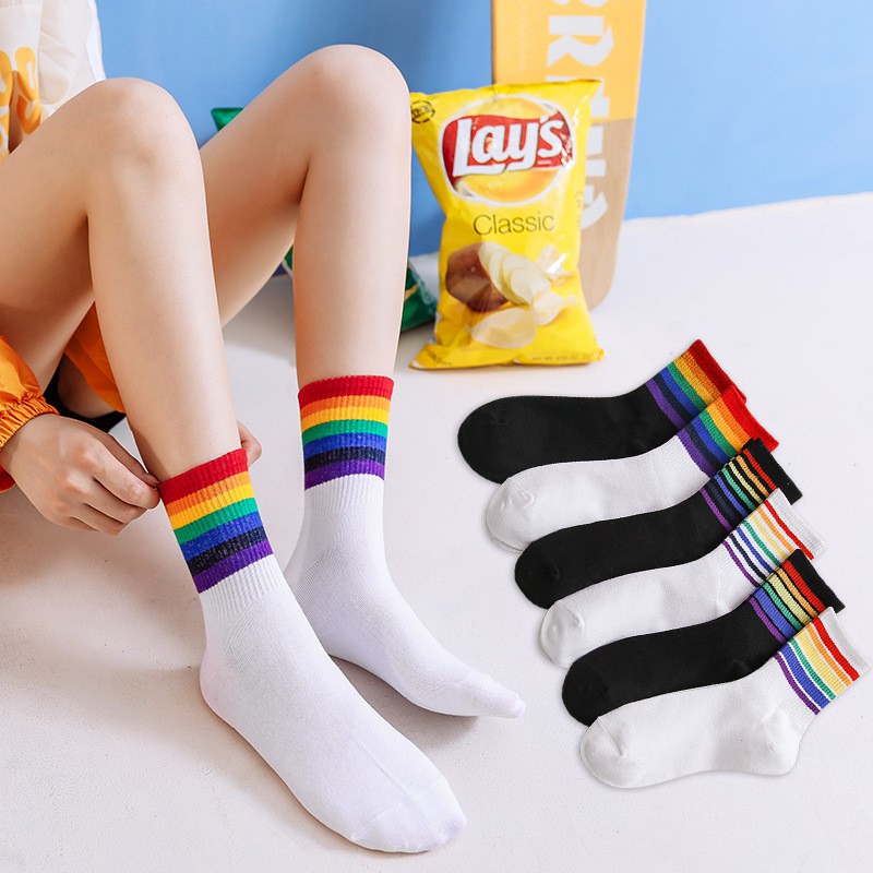 Vớ ngang bắp chân họa tiết sọc cầu vồng thường ngày làm bằng cotton dành cho nữ