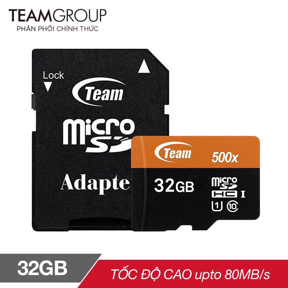 Thẻ nhớ microSDHC Team 32GB 500x upto 80MB/s class 10 U1 kèm Adapter (Đen cam) - Hãng phân phối chính thức