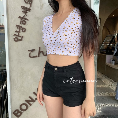 [SET 2 MÓN] Set áo croptop hoa nhí cổ tim chữ V + quần jeans thời trang nữ ulzzang năng động sexy mùa hè đi chơi basic