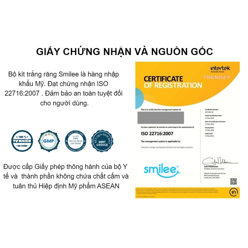 [Tặng 3 quà-Chính hãng] SMILEE-KIT Tẩy trắng răng tại nhà sau 7-10 ngày, không Ê-An toàn men răng-NK Mỹ-ISO 22716 - 2007