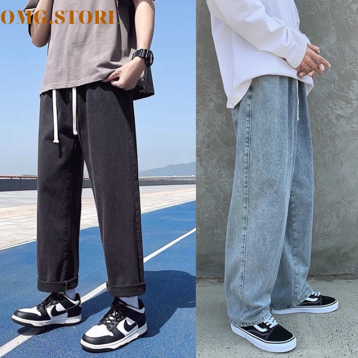 Quần jean nam nữ cạp chun baggy ống suông rộng, dáng đứng chất vải bò style hàn Quốc