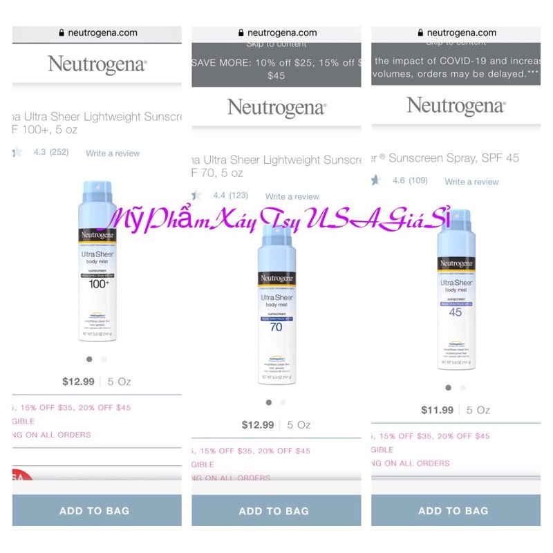 [NewHot]Xịt Chống Nắng Neutrogena Ultra Sheer Body Mist Sunscreen SPF 100+ (141g)