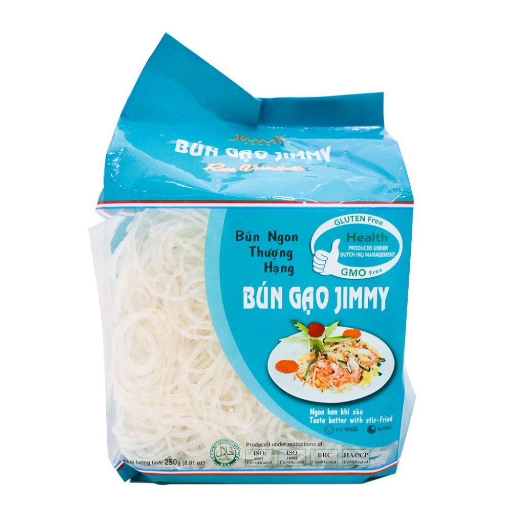Bún gạo khô Jimmy bún trắng, lứt 250g nguyên liệu tự nhiên, không phụ gia, không chất bảo quản sử dụng như bún tươi