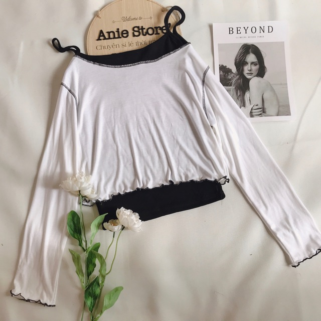 Set Áo Thun Giấy Dài Tay Kèm Áo Croptop 2 Dây Siêu Xinh