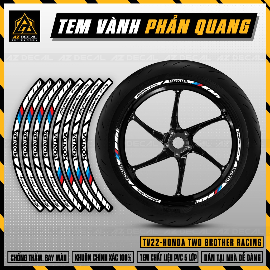 Tem Dán Vành Phản Quang | TV22 HONDA TWO BROTHER RACING | Màu Trắng Đen | Chống Thấm Nước, Chống Bay Màu.