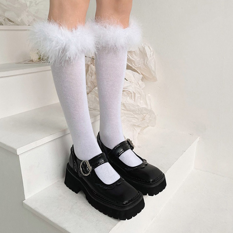 Đôi tất cổ cao ngang đầu gối lai viền lông vũ màu trơn ngọt ngào phong cách Kawaii Nhật Bản Bản